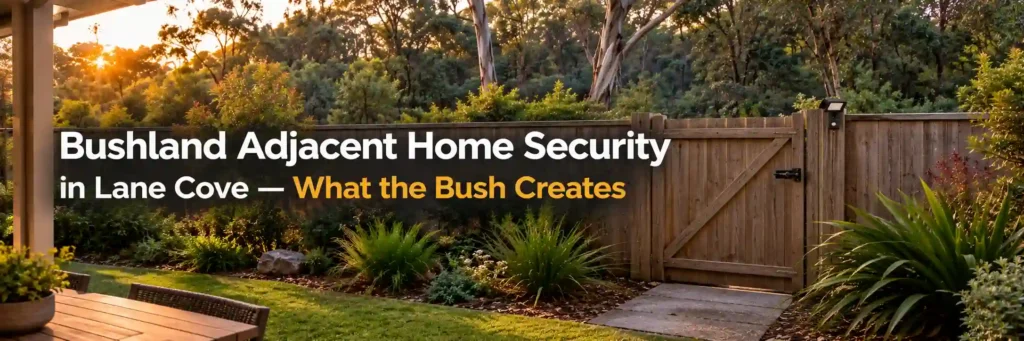 Lane Cove home security beside dense eucalyptus bushland, featuring a timber boundary fence, garden gate and outdoor motion sensor light.