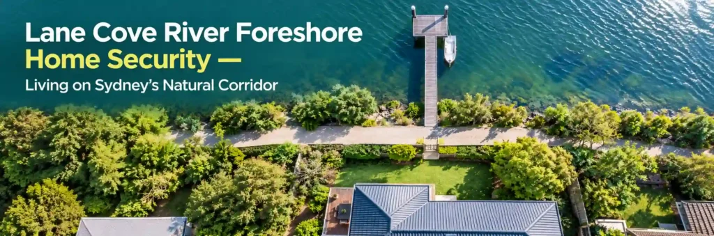 Aerial view of a Lane Cove River foreshore home with a private jetty, waterfront garden, and adjoining public path, illustrating home security considerations.
