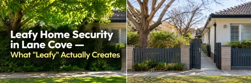 Split-season comparison of a Lane Cove home showing dense summer foliage concealing a side gate and bare winter branches revealing the gate and side passage.