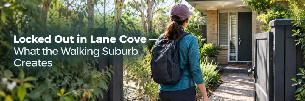 Person with a backpack standing at a garden gate outside a Lane Cove home, illustrating a residential lockout situation.